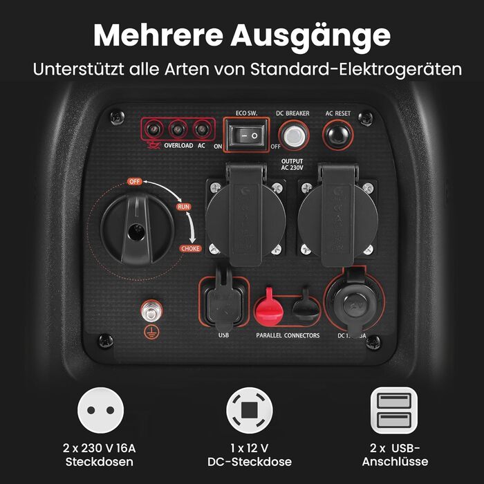 Інверторний генератор maXpeedingrods 3500 Вт, надзвичайно тихий, легкий та портативний бензиновий аварійний генератор, режим ECO з 2 розетками 230 В / 2 USB / 1 розеткою 12 В постійного струму для кемпінгу, фестивалів та подорожей у кемперах, MXR3800