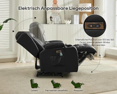 Крісло для телевізора з розкладним підйомником, масажне крісло з електрорегулюванням, функцією відкидання та підставкою для ніг, крісло для телевізора зі штучної шкіри з функцією підігріву, крісло для кінотеатру зі світлодіодним підсвічуванням/USB для віт