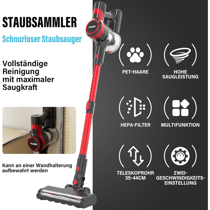 Акумуляторний пилосос Stanew, акумуляторний пилосос 4 в 1, легкий ручний пилосос 150 Вт, акумуляторний пилосос 22,2 В, час роботи