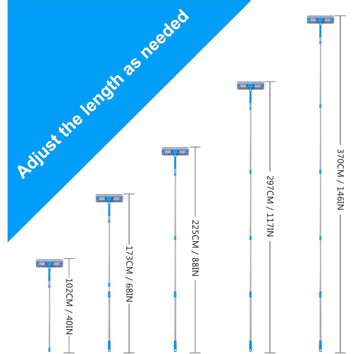 Набір телескопічних знімачів склоочисників Mitclear 3.7 м, довгий засіб для миття вікон з подовжувачем і гумовою губкою (31 см) для внутрішніх і зовнішніх високих вікон 370 см