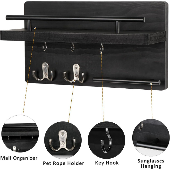 Тримач для ключів на стіну з 5 гачками для ключів, дерев'яна підставка для ключів з полицею настінне кріплення для ключів вішалка