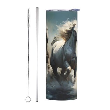 Кухоль з прямою трубочкою, дизайн коні, що біжать по річці, друкований, підходить для кемпінгу, офісу та дому, 590 мл