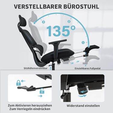 Ергономічне офісне крісло з підставкою для ніг, крісло для роботи з високою спинкою та подвійною спинкою, 2D-підголівник, відкидні підлокітники, губчасте сидіння, сітчасте крісло, крісло керівника, комп&39ютерне крісло для дорослих, чорне