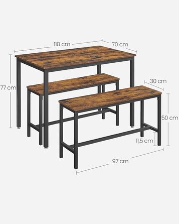 Обідній стіл VASAGLE з 2 лавками, комплект з 3 шт. , кухонний стіл 70 x 110 x 75 см, 2 лавки кожна 30 x 97 x 50 см, сталевий каркас, вінтажний коричневий-чорний KDT070B01 Вінтажний коричневий чорнильний