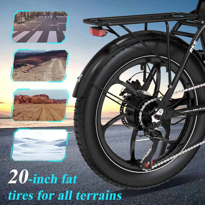 Електричний складний велосипед RCB RK6, ободи шириною 20 дюймів, легка конструкція, підходить для використання в місті та на природі. Чорний.