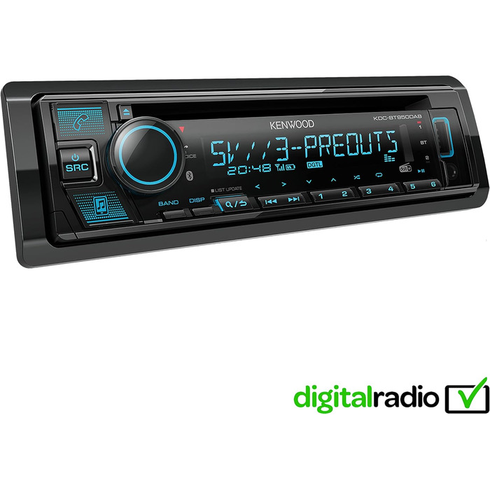 Автомагнітола Kenwood KDC-BT950DAB з системою гучного зв'язку DAB і Bluetooth (USB, AUX-In, високопродуктивний тюнер, Spotify Control, звуковий процесор, 4х50 Вт, var. Освітлення, антена DAB) Одинарний