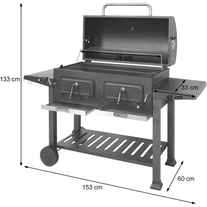 Мангал HWC-K94, візок для барбекю BBQ садовий з кришкою-поличкою, емальована сталь 110x153x60см чорний