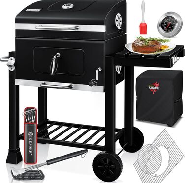Вугільний гриль KESSER BBQ Smoker XL з кришкою, колесами, ручкою з нержавіючої сталі, термометром, решіткою для гриля, щіткою, кришкою, 8 шампурами з пакетом і силіконовою щіткою, окремо стоячим грилем, візком для вугільного гриля