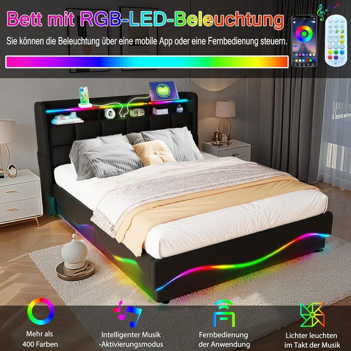 Ліжко-міні-гарнітур 140x200 см із зарядною станцією USB/Type-C, різнокольоровим світлодіодним підсвічуванням, полицею біля узголів&39я та великим місцем для зберігання під ліжком, шкіряне, чорне. Ліжко 140 x 200 см Ebd854-bk