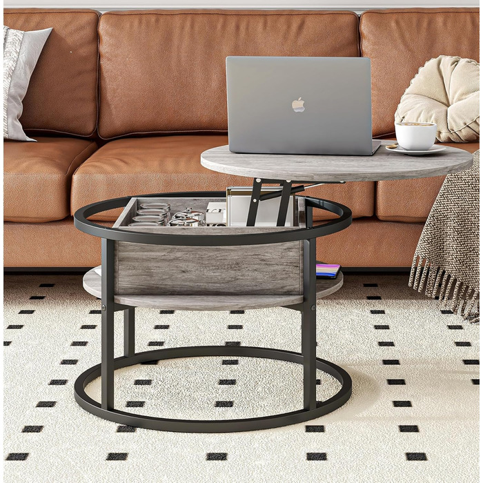 Круглий журнальний столик HOJINLINERO, журнальний столик з регульованою висотою, стіл для вітальні з прихованим місцем для зберігання, з підйомною стільницею, журнальні столики, столик біля дивана, журнальний столик, кругле дерево (сірий)