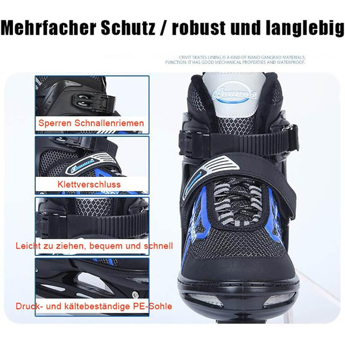 Регульовані хокейні ковзани для чоловіків, жінок, дорослих та дітей, ковзани з нержавіючої сталі, взуття для ковзання на льоду із системою швидкої шнурівки та застібкою-фіксатором для надійної фіксації, чорні/попелясті, L3942
