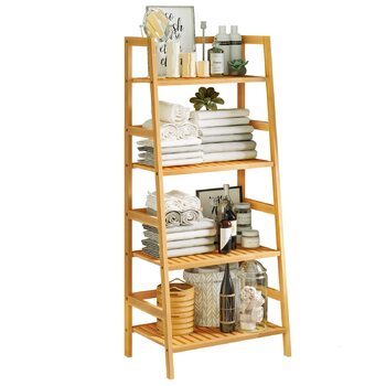 Полиця для ванної кімнати VIAGDO, полиця-драбина з 4 ярусами, книжкова полиця, полиця для взуття, полиця для рослин, полиця для балкону, полиця для квітів, багатофункціональна бамбукова полиця для невеликих приміщень, натуральний бамбук