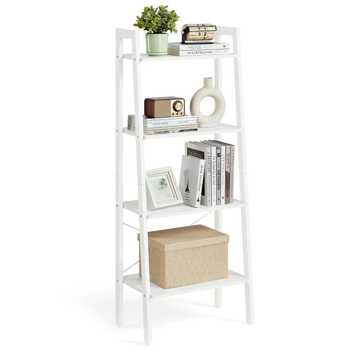 Полиця, 4-ярусна книжкова шафа, драбина, окремостояча полиця, для вітальні, спальні, кухні, домашнього офісу, сучасний дизайн, сталевий каркас, перлинно-білий кленовий білий LLS044W44 56 x 137,5 см білий