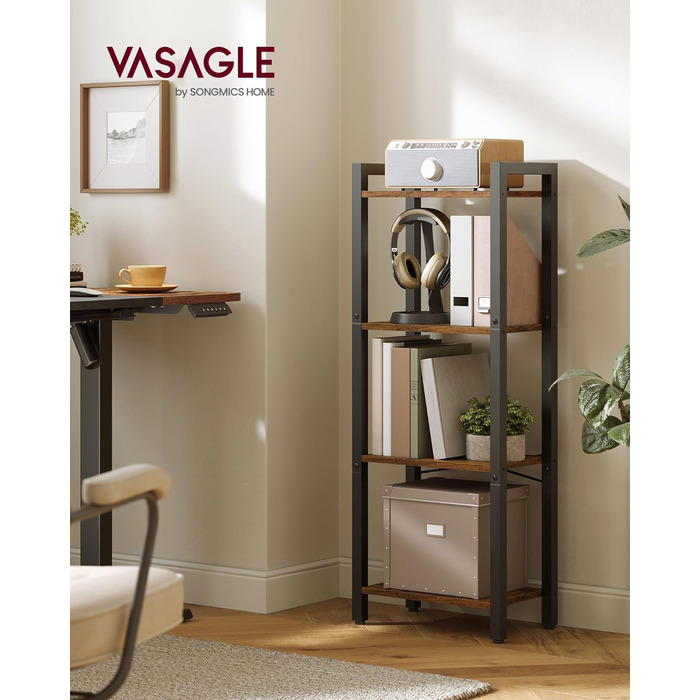 Полиця, книжкова шафа, полиця на стійці, полиця для DVD, з 4 полицями, офісна полиця, відкриті полиці, для офісу, вітальні, спальні, кухні, 24 x 40 x 107 см, вінтажний коричневий-чорний LLS099B01 4 полиці вінтажний коричневий чорнильний