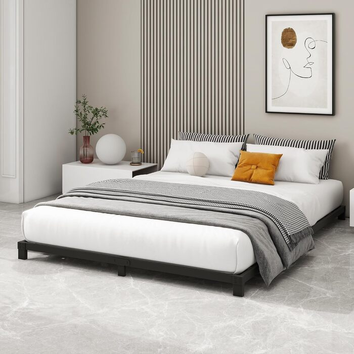 Ліжко-платформа з металу, каркас ліжка 140 x 200 см, низьке металеве ліжко з металевою рейковою основою, сучасне металеве ліжко для дорослих, дітей, підлітків, легке складання, двоспальне ліжко, чорне, висота 12 см, 140 x 200 см, чорне (низьке)