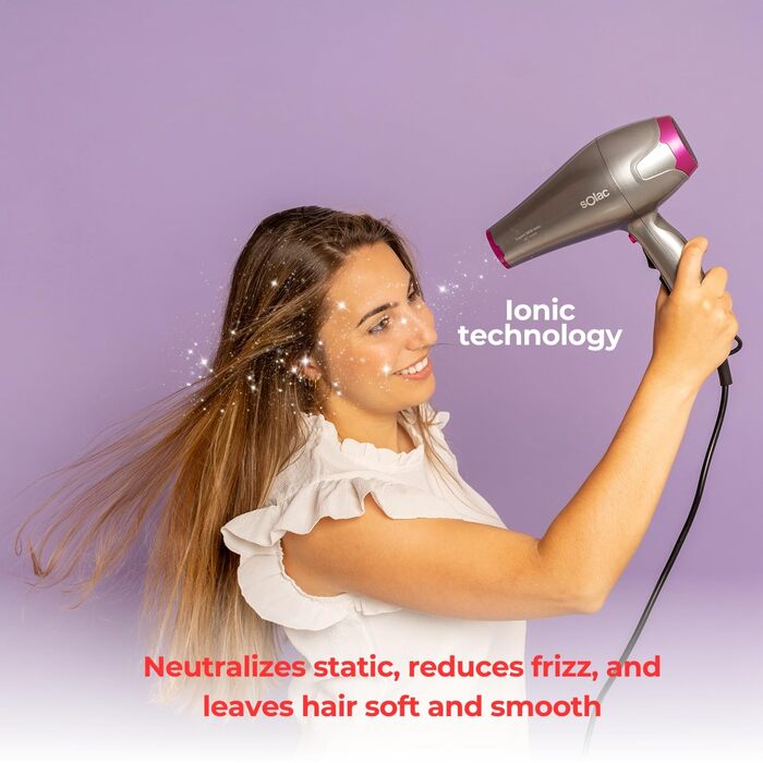 Фен Solac Expert 2600 Ionic 2600 Вт Іонізація Ефект антифриз 6 режимів швидкості та температури Холодне обдування Знімний фільтр Аксесуари в комплекті
