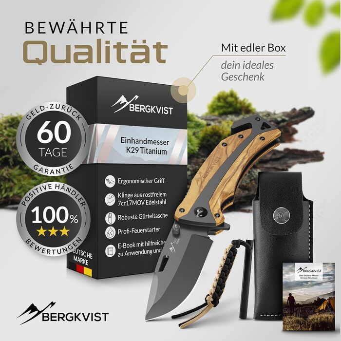 Складаний ніж оливкова деревина (одноручний ніж) - ніж 3-в-1 для активного відпочинку з титановим покриттям - нагороджений бронзов