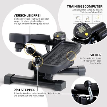 Міні-степпер SportPlus 2-в-1 із запатентованою технологією перемикання, гойдалкою та степпером вгору-вниз в одному пристрої, до 100 кг, зносостійкі гідравлічні циліндри, чорний/жовтий