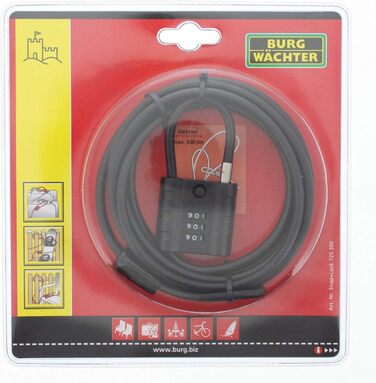 Замок тросовий Burg-Wchter з кодовим замком, для велосипеда, мотоцикла, електросамоката, садових меблів, 725 300 SnapLock, чорний, 3 м