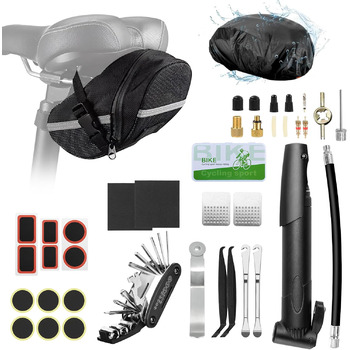 Набір велосипедних інструментів, мультиінструмент 16-в-1 з водонепроникною кришкою, міні-насос, 12 гумових накладок з клейким покриттям, практичне місце для зберігання