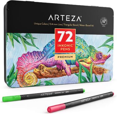 Набір ARTEZA Inkonic Fineliner Set, 72 тонких фломастера з наконечником 0,4 мм, кольоровий bullet journal fineliner, трикутний, з ергономічним стволом і кольоровими номерами для розфарбовування, малювання і деталізації ука (упаковка 72 шт. и)