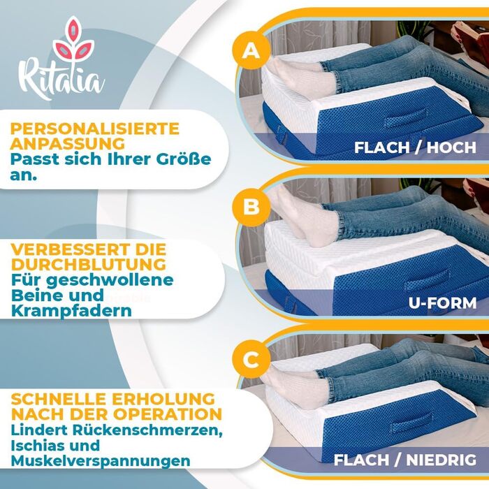 Подушка для підняття ніг Ritalia, з піни з ефектом пам&39яті, 64x43x24 см Регулювання висоти у 3 напрямках, дихаюча, чохол, який можна прати Полегшення підняття ніг, підтримка ніг, синій