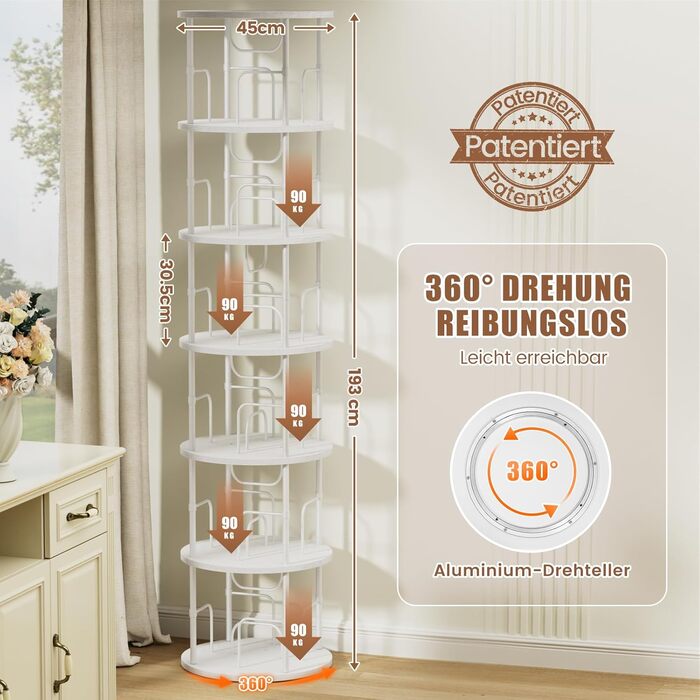 Звичайна книжкова полиця, що обертається на 360, підлогова дерев&39яна книжкова шафа, книжкова полиця з 6 полицями, регульовані полиці, стояча полиця, 4545193 см, білий колір, 6 полиць