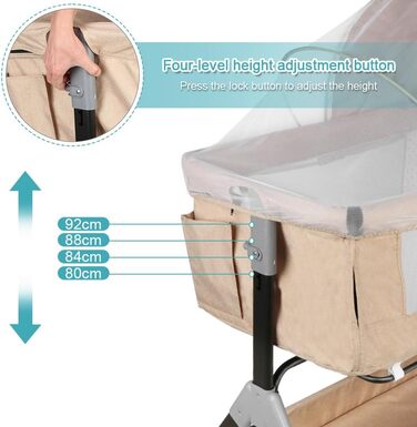 Дитяче ліжечко Kedia з москітною сіткою, дитяче ліжечко та дорожнє ліжечко з колесами, дитяче ліжечко для новонароджених, регульована висота, ліжечко в режимі сну на боці (104 x 52 x 103-115 см, бежево-білий)