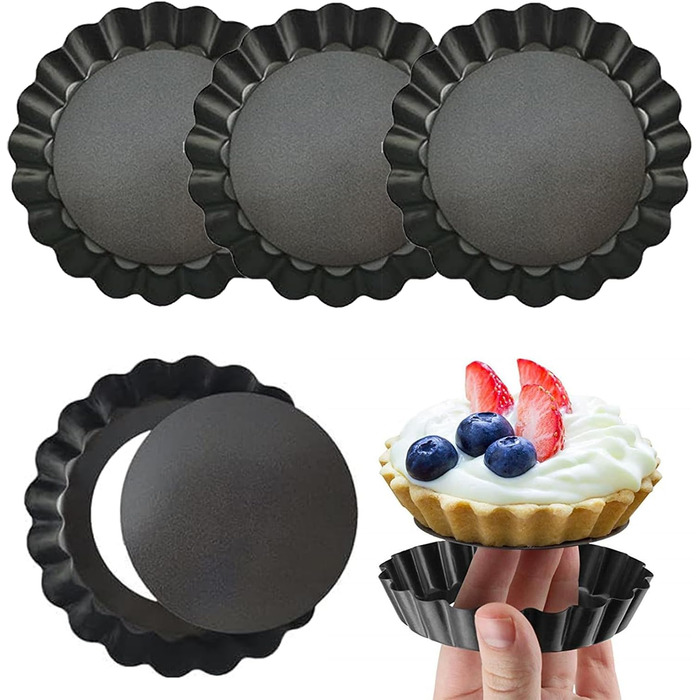 Набір із 4 міні-форм для тарталетків (10 см) з підйомним дном та антипригарним покриттям - Форми для кішу з вуглецевої сталі для тарталеток, мафінів, капкейків, тортів - Форми для випікання багаторазового використання (чорні)