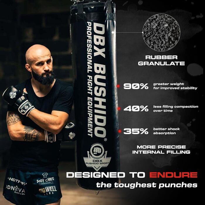 Боксерський мішок DBX BUSHIDO SPORT з наповнювачем 60 кг - без наповнювача - тренування з боксу, кікбоксингу, ММА, муай-тай та інших бойових мистецтв, чорний з наповнювачем