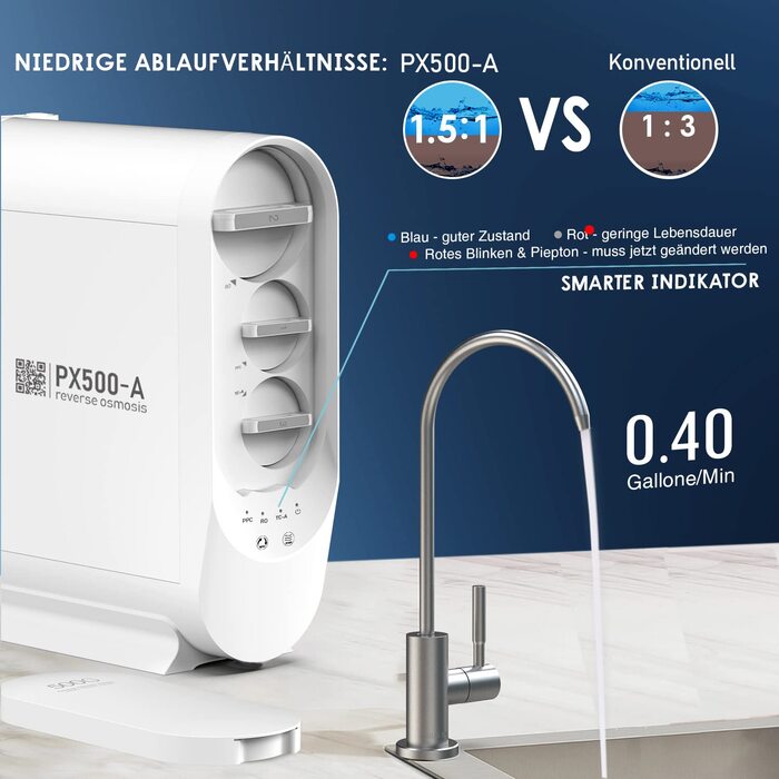 Система зворотного осмосу Frizzlife PX500-A, система водяного фільтра - лужна та ремінералізація, без резервуару для води, 500 GPD швидкий фільтр зворотного осмосу, коефіцієнт зливу 1,51, знижений TDS, кран із матовим нікелем