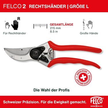 Професійні садові ножиці FELCO 2 з двостороннім механізмом для правшів, лезо із загартованої сталі 41 мм, ковані алюмінієві ручки, міцний інструмент для середніх та великих рук, ріжуча здатність 25 мм, зроблені у Швейцарії, FELCO 2 Large Hands (L)