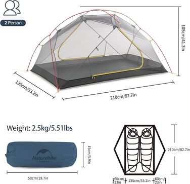 Намет Naturehike Mongar на 2 особи, надлегкий кемпінговий намет, туристичний намет на 2 особи, 4-сезонний намет, нейлон 210T PU3000 мм для кемпінгу, трекінгу, велоспорту, альпінізму, 210T синій
