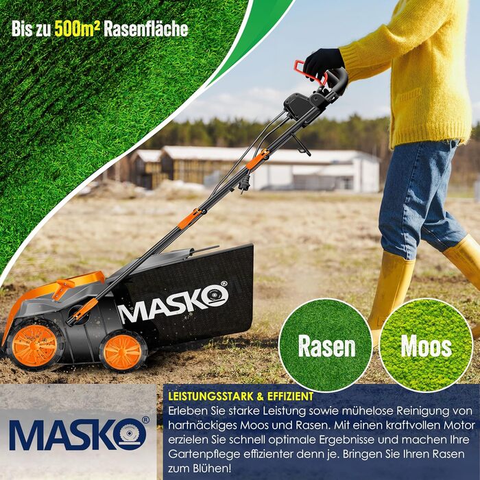 В-1 Аератор-Вертикуттер 1800 Вт, ширина захвату 40 см, мішок для збору 55 л, з валом-аератором, видаляє мох, 20 сталевих ножів, 5 рівнів регулювання глибини, регульована по висоті ручка, помаранчевий, 2-