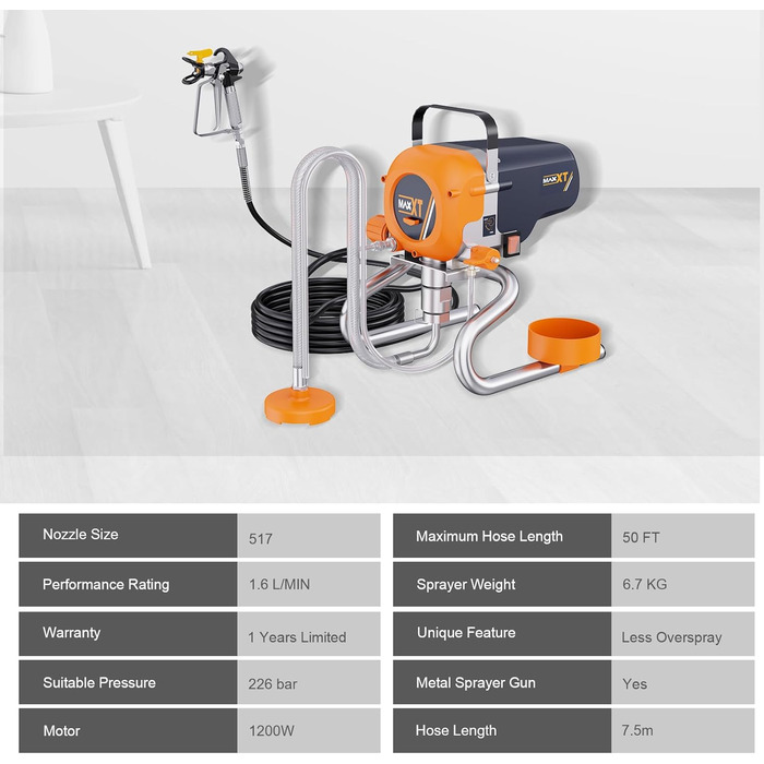 Безповітряний фарборозпилювач MAXXT - Макс. Витрата 1,6 л/хв - 226 бар - Підходить для фарб і глазурі - У комплекті шланг 7,5 м - Розпилювальний наконечник 517 - Система розпилення фарби DIY-проекти в саду, огорожі та фарбування стін