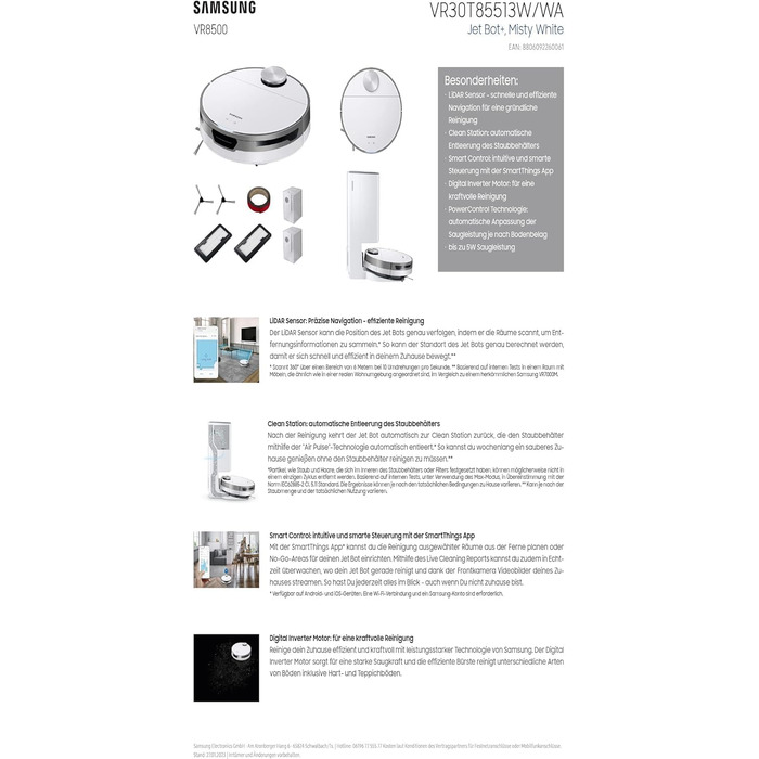 Робот-пилосос Samsung Jet Bot VR30T85513W/WA, потужність всмоктування 5 Вт, 0,3 , станція очищення, датчик LIDAR, інтелектуальне к