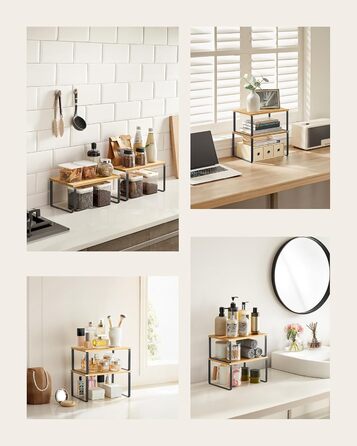 Стійка для спецій, Набір з 4 шт. , Кухонна полиця, Кухонний органайзер, Розширювана, Штабельований тримач для спецій, З металевою рамкою, 19,5 x 29,7 x 15,8 см, Чорнило-чорний - Натуральний бежевий KCS10NB Чорнило-чорний Натуральний бежевий 29,7B см