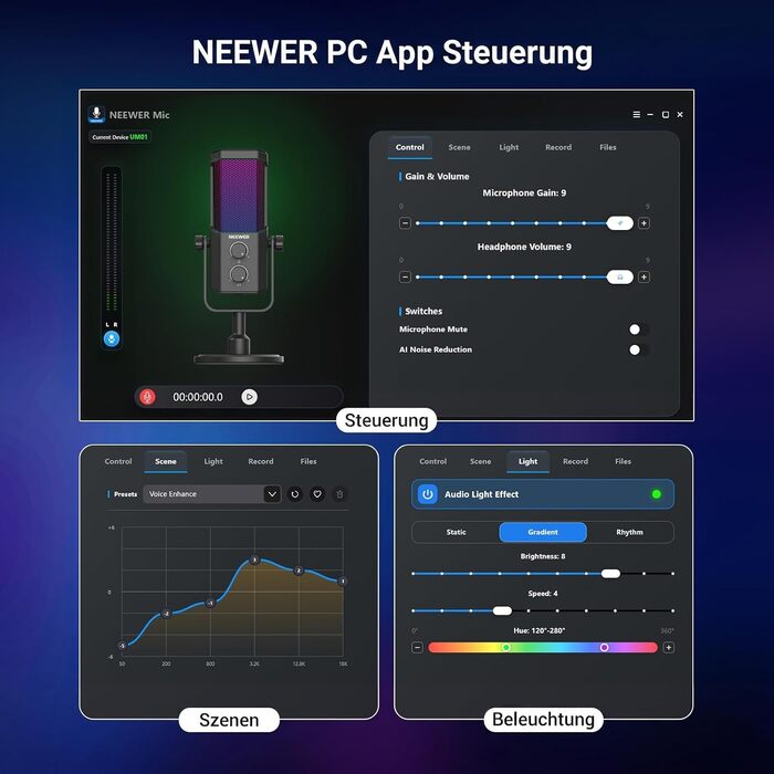 Мікрофон NEEWER AI для подкастингу, Plug & Play, кардіоїдна спрямованість, RGB-підсвітка, UM01
