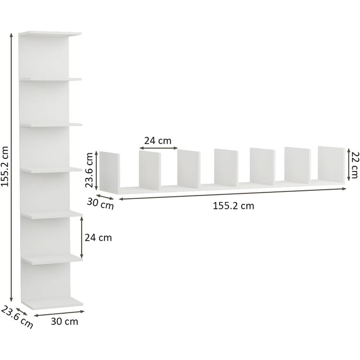 Настінна полиця, книжкова шафа, настінний модуль, стелажі, плаваючі полиці, книжкова шафа, полиці для зберігання папок для спальні, вітальні, ванної кімнати, кухні, офісу, 7 полиць, білий, Blanc 7 etagres 7 Regal