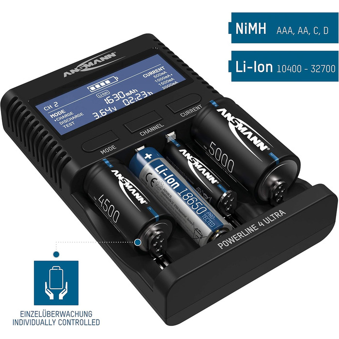 Зарядний пристрій ANSMANN Powerline 4 Ultra для акумуляторів AA/AAA/C/D NiMH та круглих літій-іонних елементів 18650/26650 з 4 програмами заряджання, включаючи 8 акумуляторів NiMH AA2850, швидкий зарядний пристрій Powerline 4 Ultra з 8 акумуляторами AA285