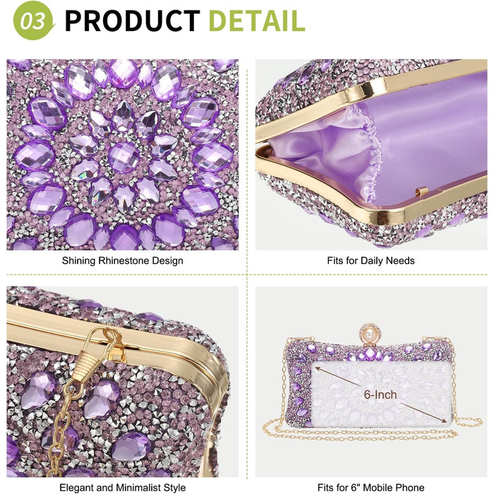Вечірня сумочка для жінок, блискуче кришталеве клатч з ланцюжком на плече для весілля, вечірки, вихідних, світло-ліловий