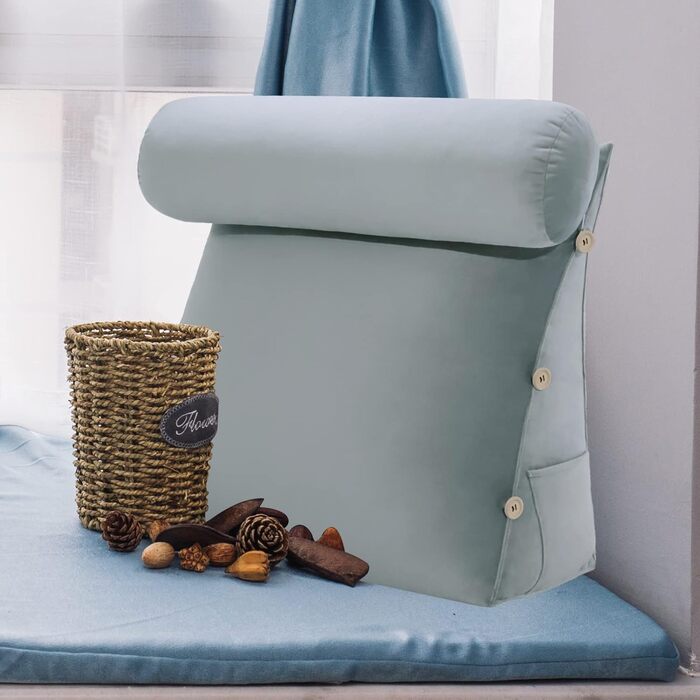 Подушка для спини Johnear зі знімним валиком для шиї, м&39яка оксамитова подушка для шиї, подушка для дивана, подушка для книги, подушка для читання, трикутна клиноподібна подушка, підтримка шиї (сіра, 60 см) Оксамитова сіра подушка для шиї 60 x 22 x 50 с