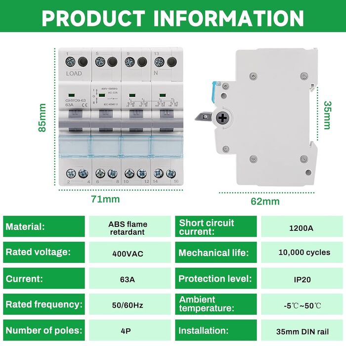 Ручний вимикач подвійного живлення AC 400V з індикатором живлення, монтаж на DIN-рейку. 4P-63A-400V, 4P 63A