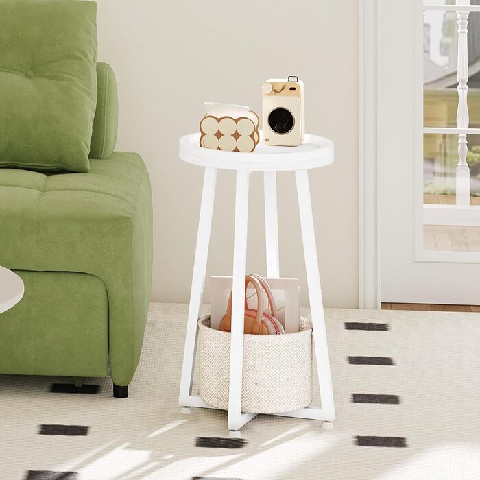 Круглий бічний столик HOOBRO, маленька тумбочка, сучасний диван-столик, журнальний столик з піднятим краєм та бежевим тканинним кошиком, для невеликих приміщень, вітальні, гуртожитку, білий EWW183BZ01