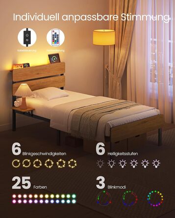 Каркас односпального ліжка VASAGLE, Ліжко, 90 x 200 см, Металевий каркас, Світлодіодне освітлення, Порти USB-A та USB-C, Місце для зберігання під ліжком, Індустріальний стиль, Легке складання, Натуральний коричневий RMB102K01