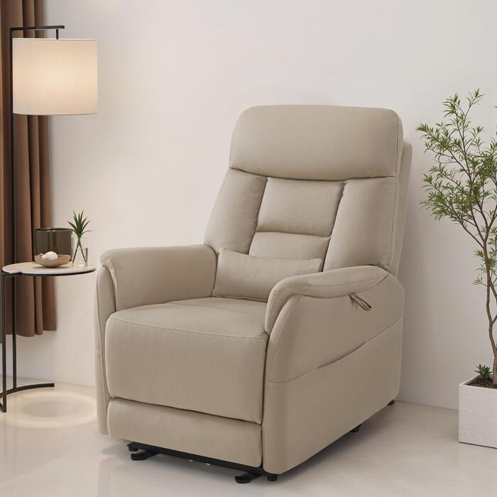 Крісло для телевізора M MCombo з електричним регулюванням, крісло-реклайнер з функцією відкидання, масажне крісло, висота 3 см біля стіни, крісло для телевізора для невеликих приміщень, USB-порт та поперекова подушка, вітальня, 7063 (бежево-коричневий)
