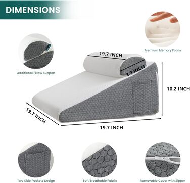 Клиноподібна подушка з додатковим валиком для шиї, клиноподібна подушка для лікування апное сну, полегшення кислотного рефлюксу, болю в спині, похила подушка для дорослих зі знімним темно-сірим валиком, 50 x 50 x 26 см з валиком для шиї