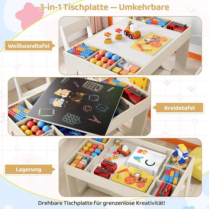 Дитячий комплект сидіння MAMIZO з місцем для зберігання, дитячий стіл з 2 стільцями, комплект дитячого столу та стільців з двосторонньою стільницею, дитячий стіл для дитячих кімнат та дитячих садків, вік 3, колір дерева з білим