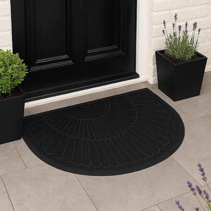 Килимок для дверей Tivoli напівкруглий 60x90 см для використання всередині та зовні приміщень чорний, нековзний, сучасний 3D-дизайн, брудозатримуючий килимок - легкоочисний килимок для дверей, чорний, 60 x 90 см (півколо)