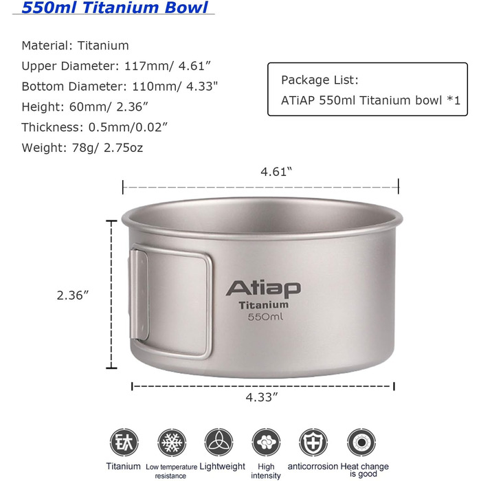Титанова миска/каструля зі складною ручкою, одностінна титанова миска для приготування їжі зі складною ручкою для використання на свіжому повітрі, кемпінгу, походів, пікніків (550 мл)